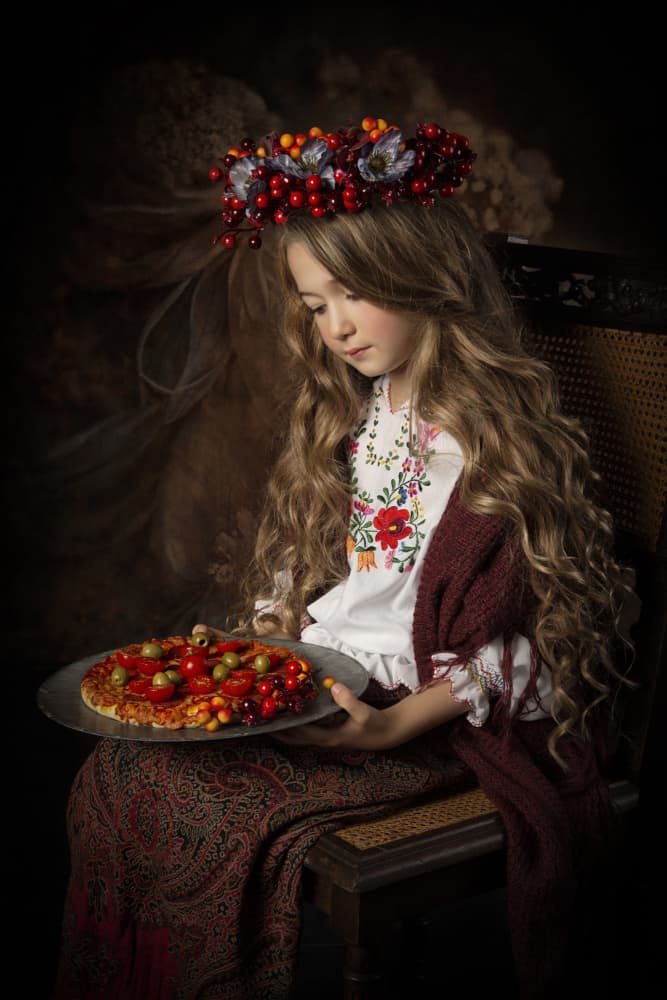 Folk Girl with Pizza by Carola Kayen-Mouthaan — canvas wall art