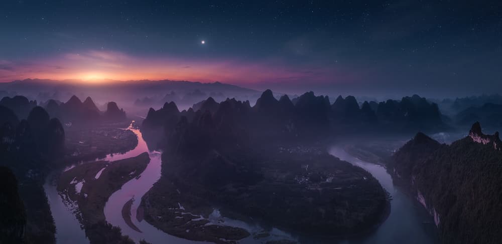 Misty Mountain River Twilight by Javier de la Torre — canvas wall art
