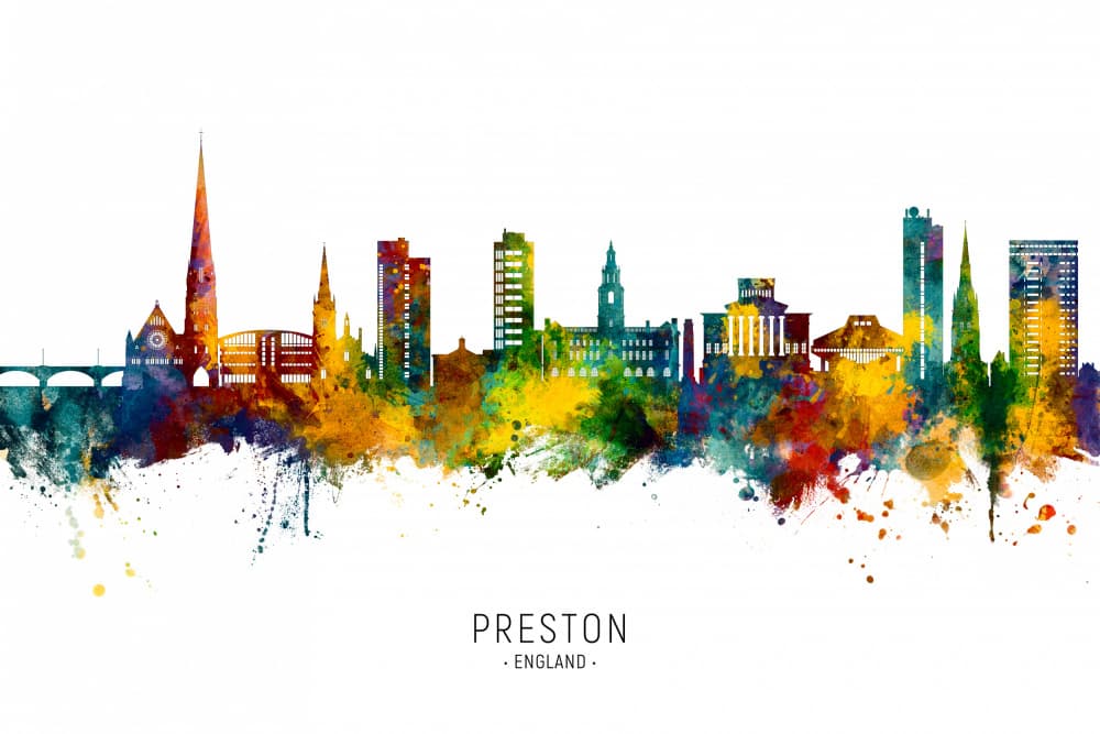 Preston England Skyline Watercolor by Michael Tompsett — canvas wall art