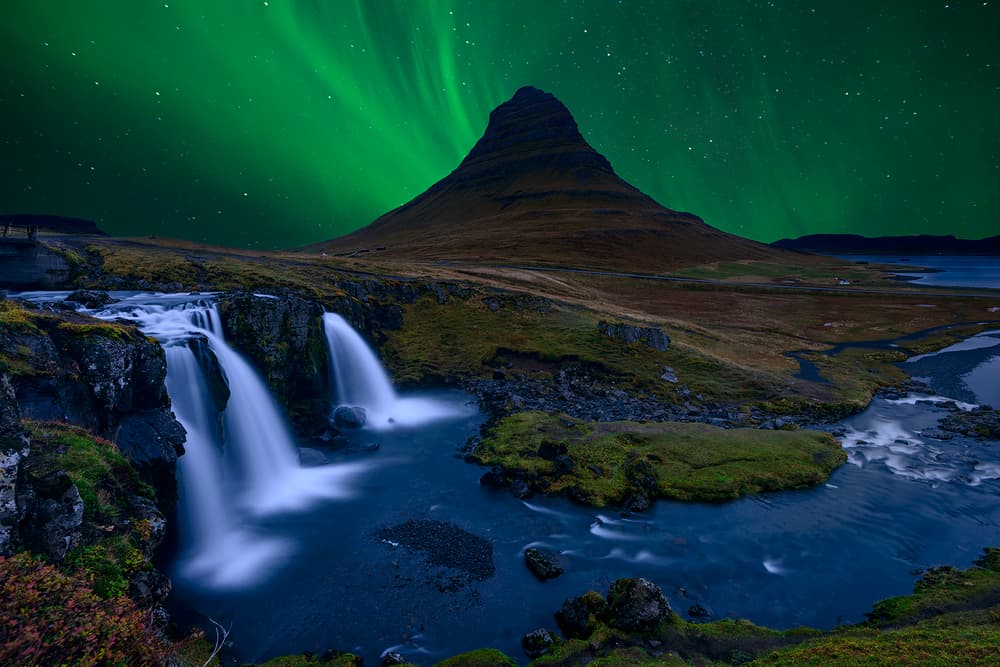 Kirkjufell Aurora Waterfalls by Alvaro Roxo — canvas wall art