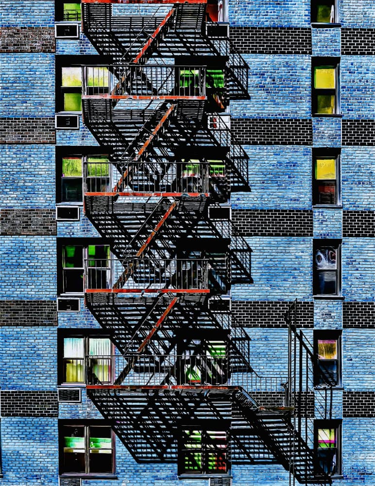 Blue Building Fire Escapes by Arnon Orbach — canvas wall art
