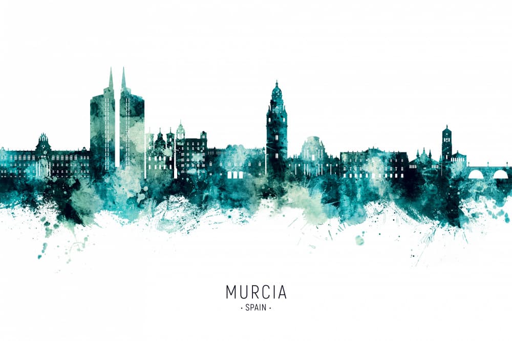 Murcia Spain Skyline Watercolor by Michael Tompsett — canvas wall art