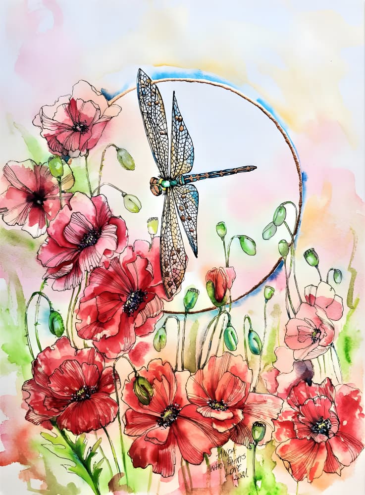 Vibrant Poppies Dragonfly by Anda Bieza — canvas wall art