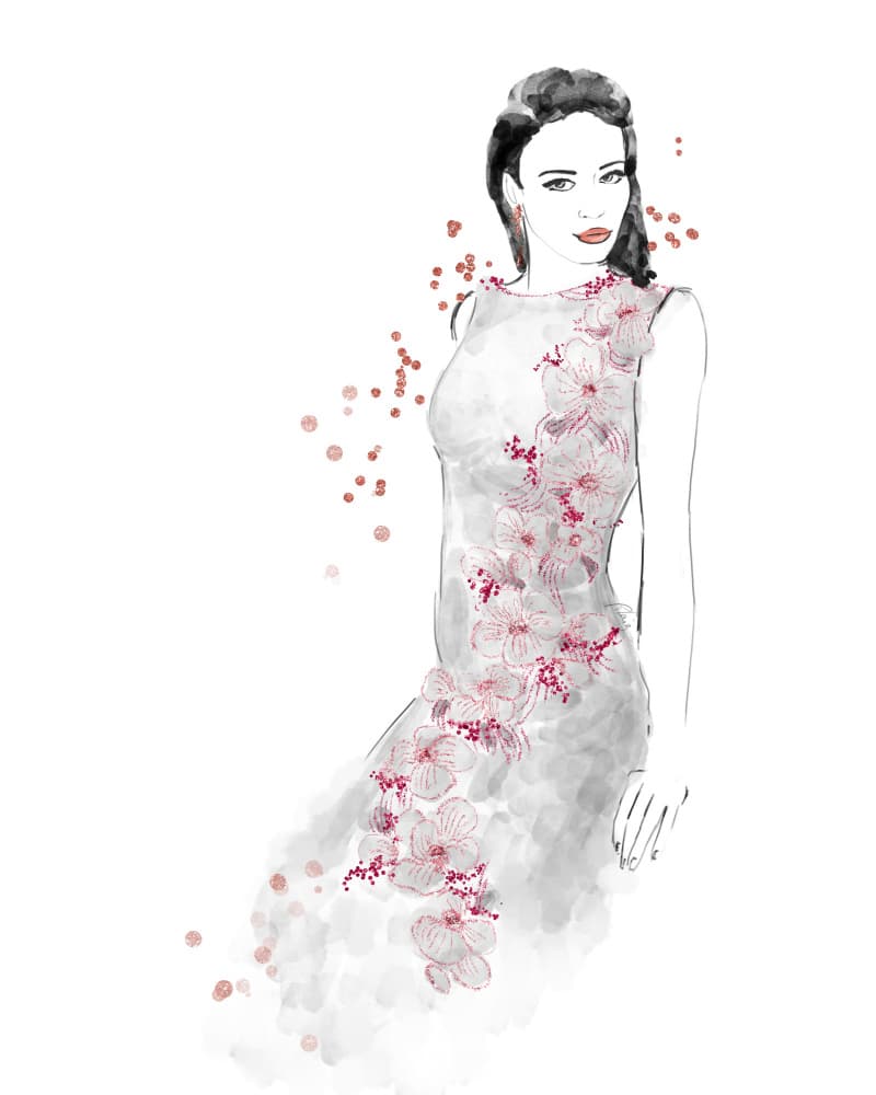 Elegant Floral Dress Illustration by Rosana Laiz Blursbyai — canvas wall art