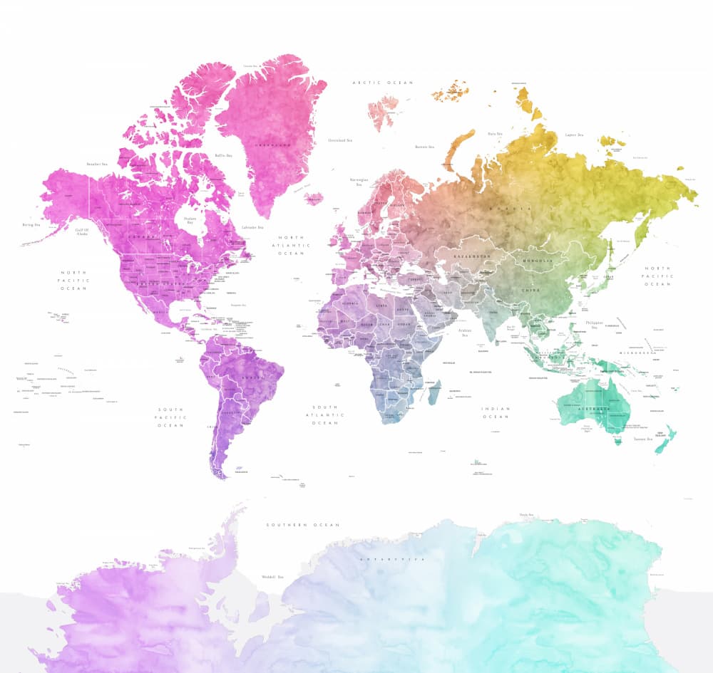 Colorful Watercolor World Map by Rosana Laiz Blursbyai — canvas wall art
