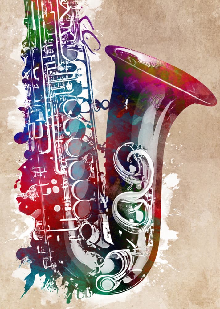 Vibrant Watercolor Saxophone by Justyna Jaszke — canvas wall art
