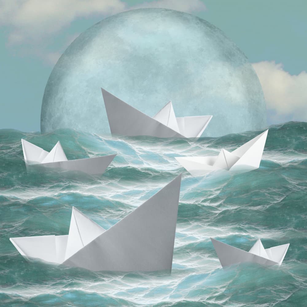 Paper Boats Under Moon by Marja van den Hurk — canvas wall art