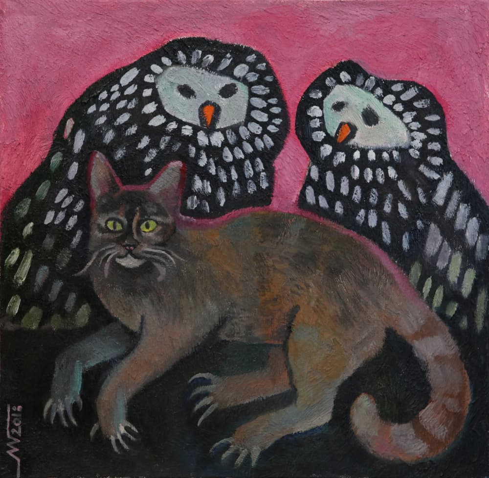 Whimsical Cat With Owls by Marina Gorkaeva — canvas wall art