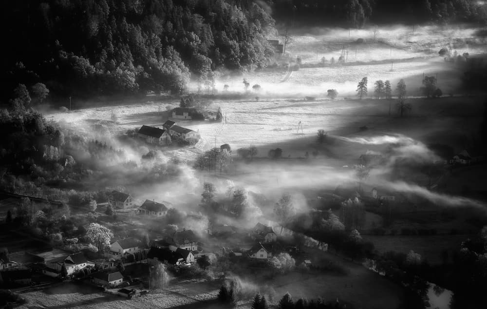 Sunlit Misty Village by Piotr Krol (Bax) — canvas wall art