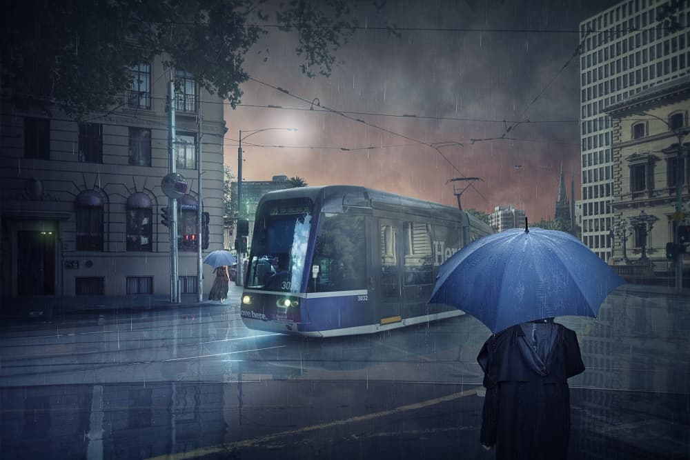 Rainy City Tram by Adrian Donoghue — canvas wall art