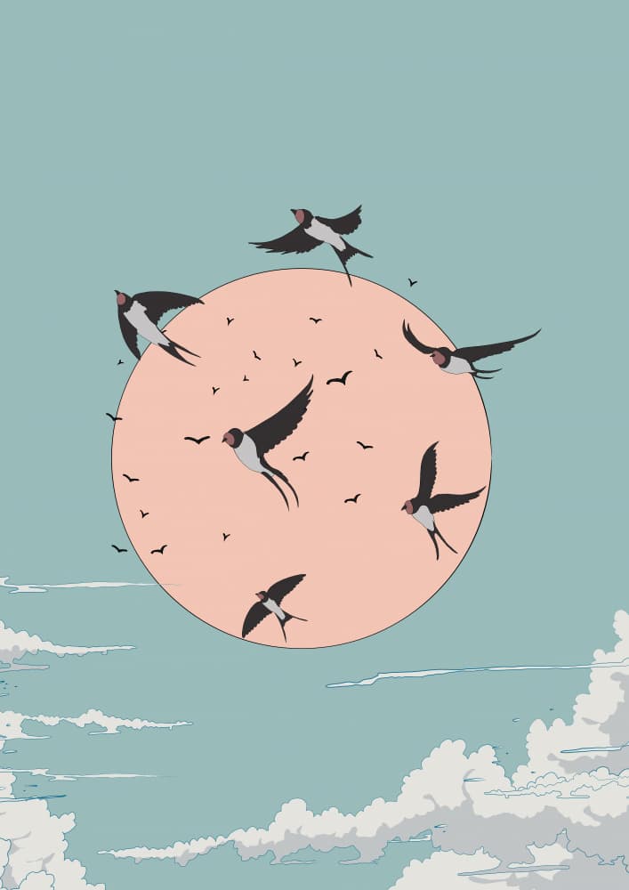 Swallows Under Orange Moon
