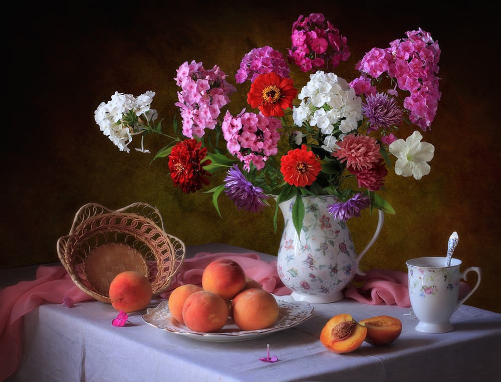 Summer Flowers and Peaches by Tatyana Skorokhod — canvas wall art