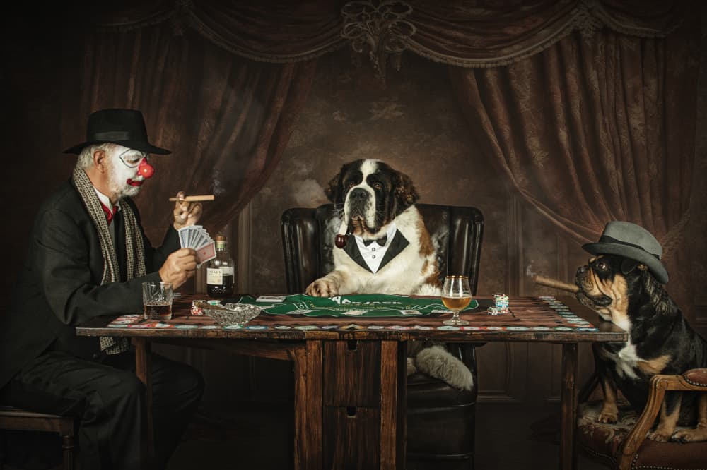 Clown and Dog Poker Game by Carola Kayen-Mouthaan — canvas wall art