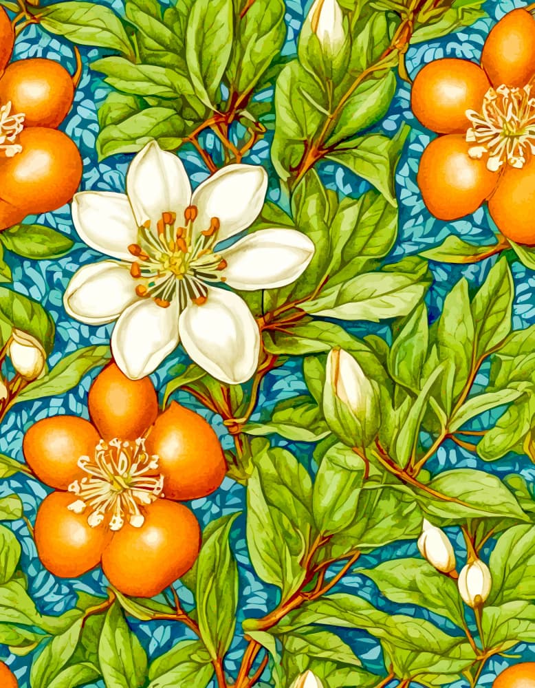 White Blossoms Orange Fruit by Uma Gokhale — canvas wall art