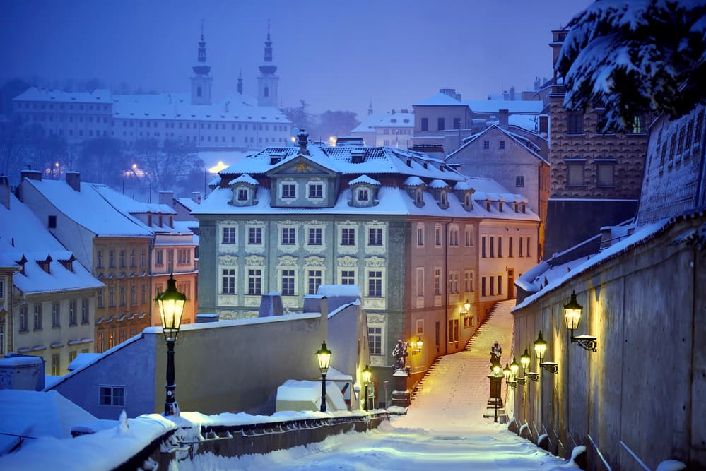 Snowy Prague Night by Martin Froyda — canvas wall art