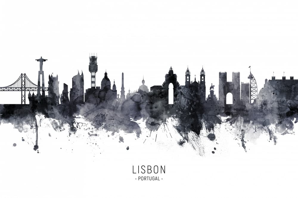 Lisbon Watercolor Skyline by Michael Tompsett — canvas wall art