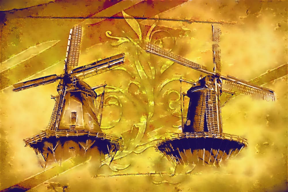 Golden Dutch Windmills by Rafal Kulik — canvas wall art