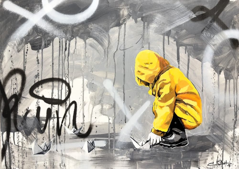 Yellow Raincoat Paper Boats by Suzan Habib — canvas wall art