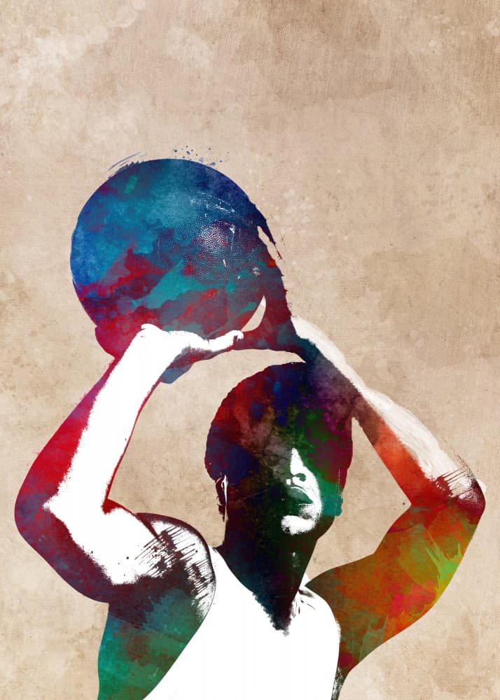 Vibrant Basketball Shot by Justyna Jaszke — canvas wall art