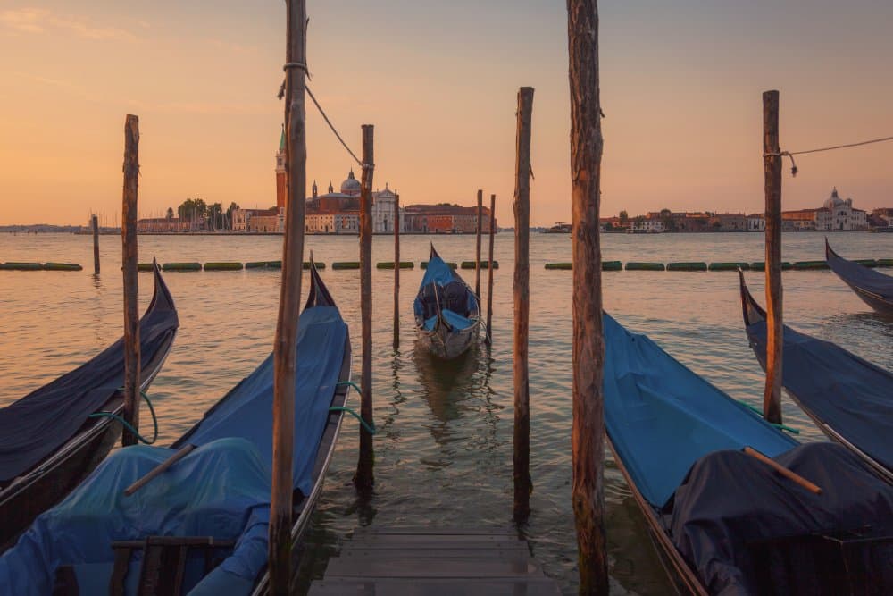Golden Hour Venice Gondolas by Juan Romero Salamanca — canvas wall art