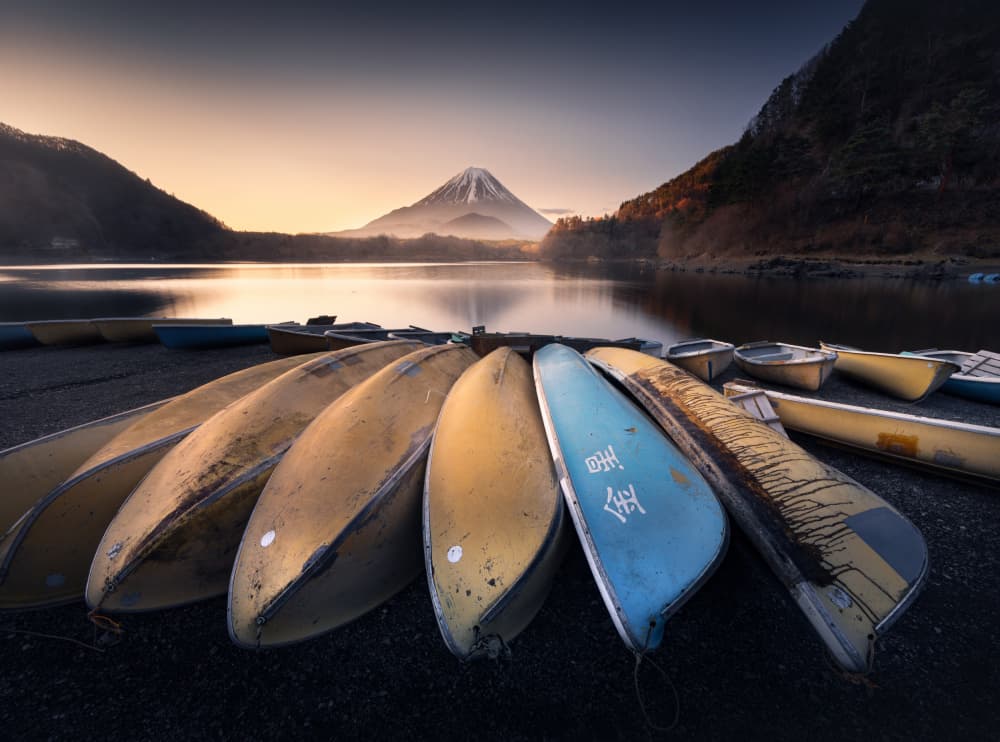 Mount Fuji Dawn Boats by Karol Nienartowicz — canvas wall art