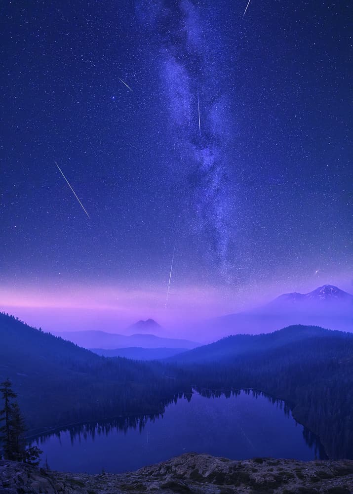 Meteors Over Mountain Lake by Jennie Jiang — canvas wall art