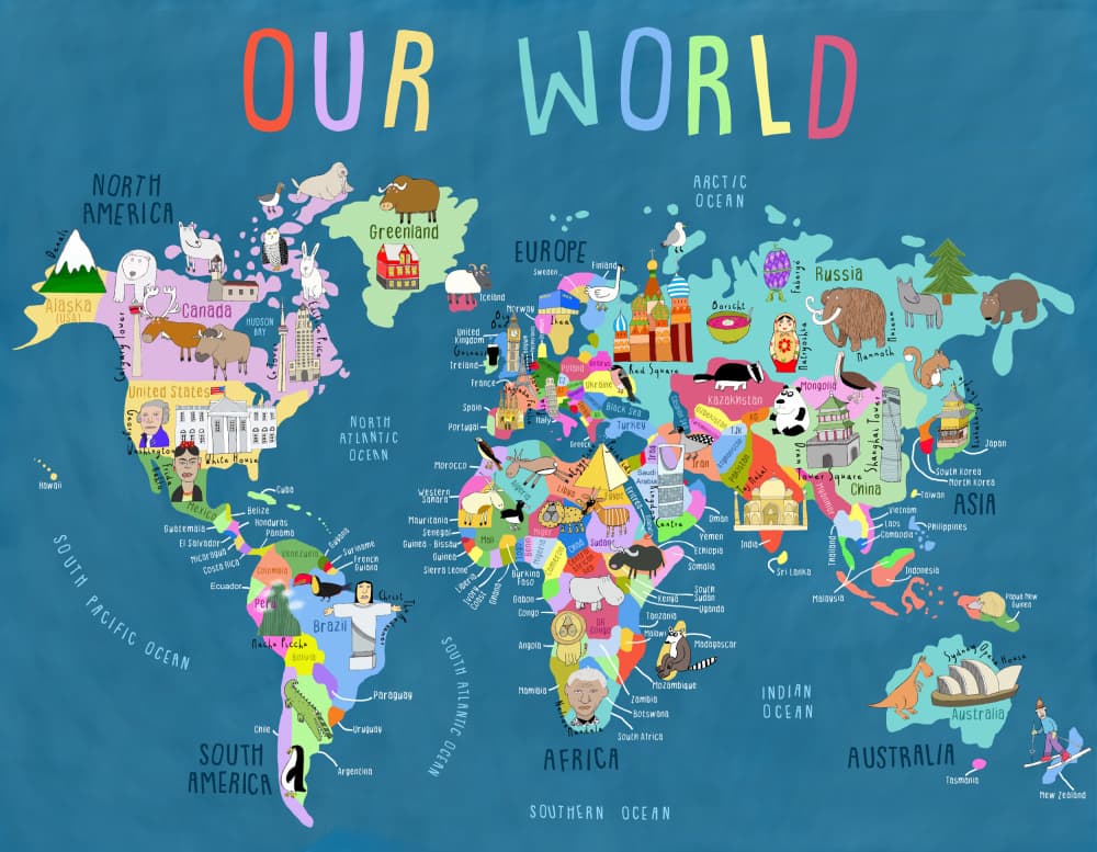 Whimsical World Map by Carla Daly — canvas wall art