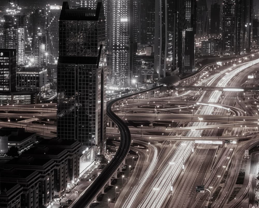 Night City Light Trails by Ahmed Thabet — canvas wall art