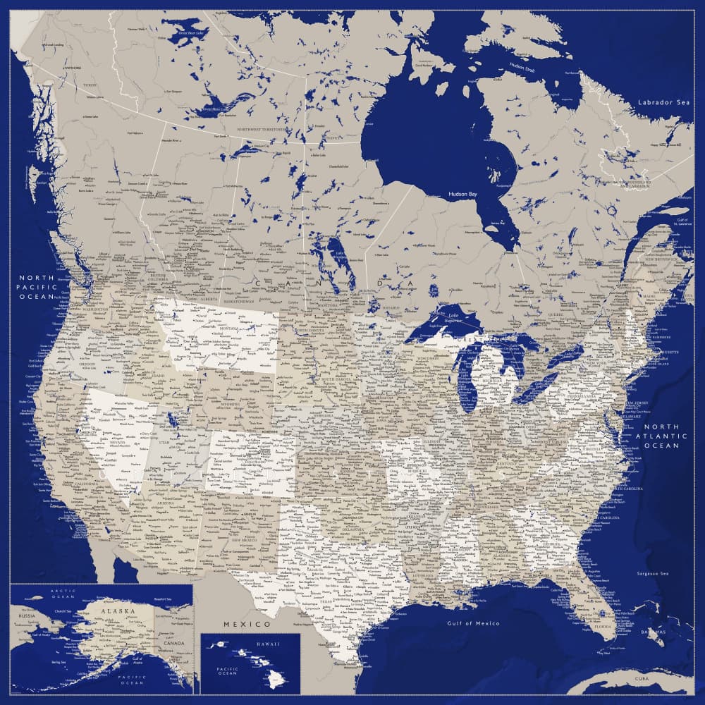 Detailed North America Map by Rosana Laiz Blursbyai — canvas wall art