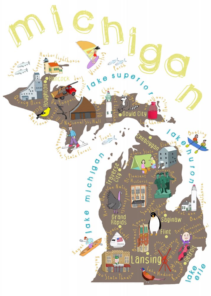 Illustrated Map of Michigan, USA by Artist Carla Daly by Carla Daly — canvas wall art