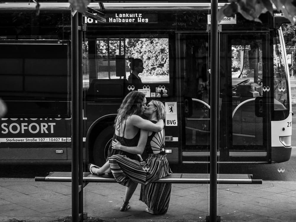 Berlin Bus Stop Kiss by Alejandro Marcos — canvas wall art