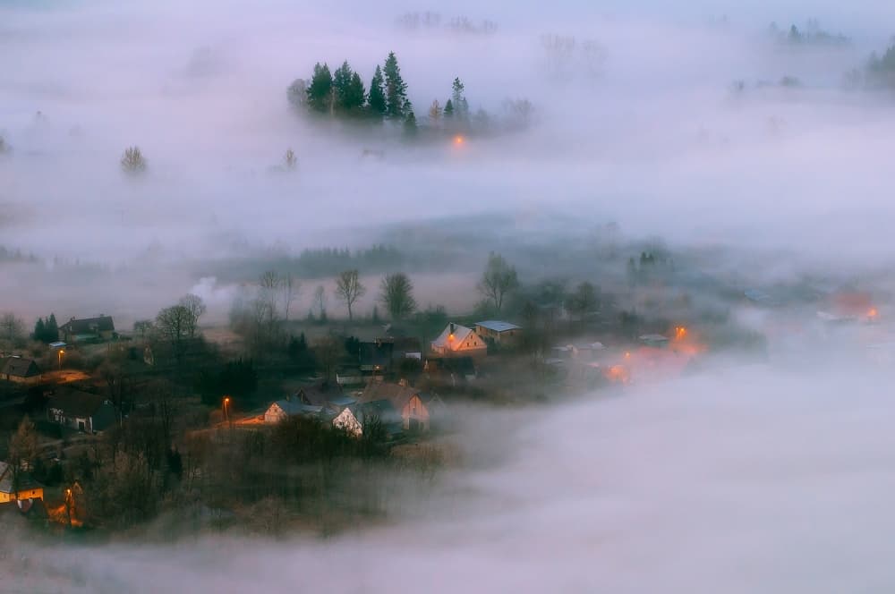 Misty Village Lights by Piotr Krol (Bax) — canvas wall art