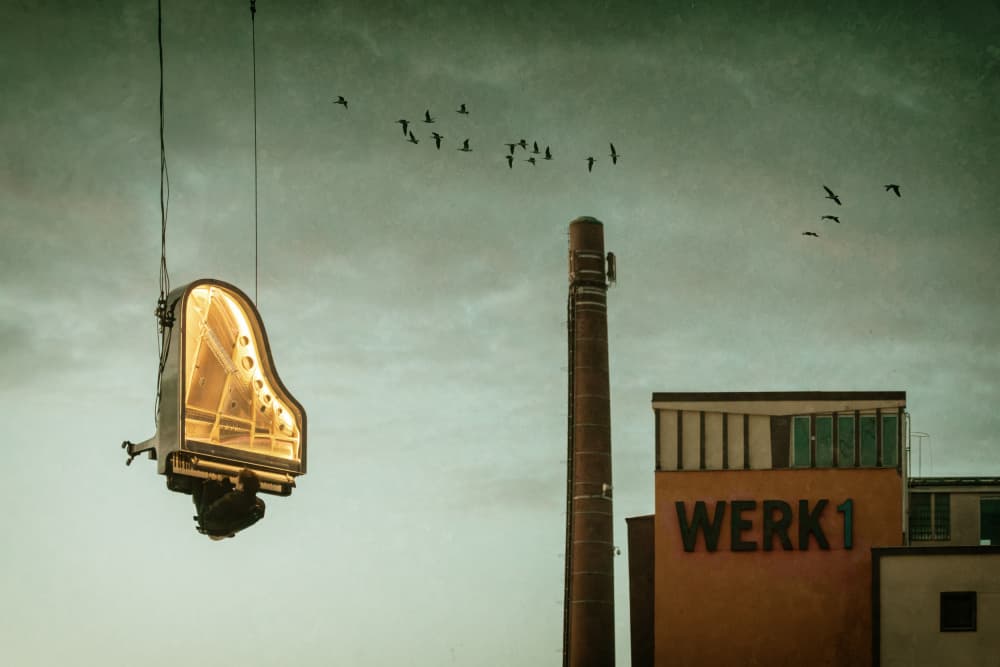 Flying Industrial Piano by Roswitha Schleicher-Schwarz — canvas wall art