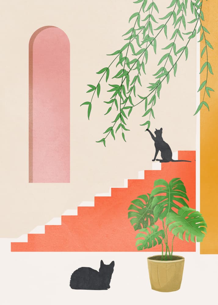 Playful Cats and Houseplants by Nadjaa — canvas wall art