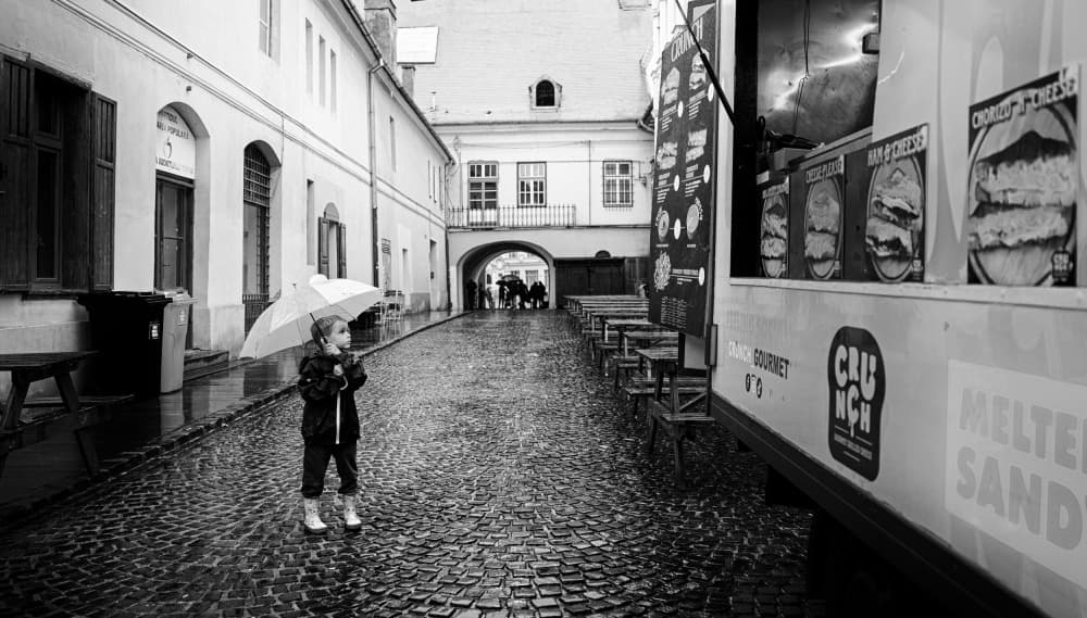 Little Girl Rainy Alley by Julien Oncete — canvas wall art