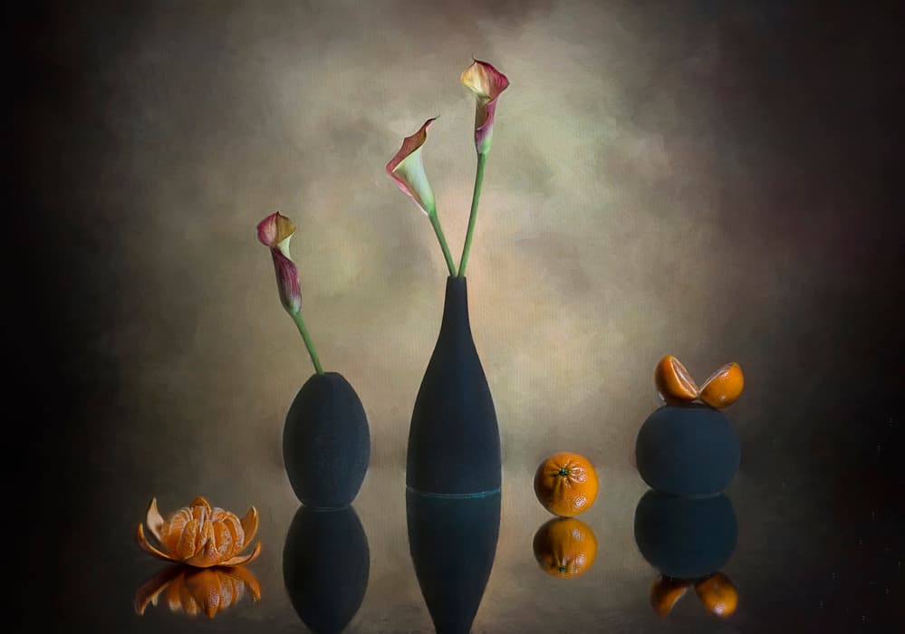Moody Calla Lilies Oranges by Lydia Jacobs — canvas wall art