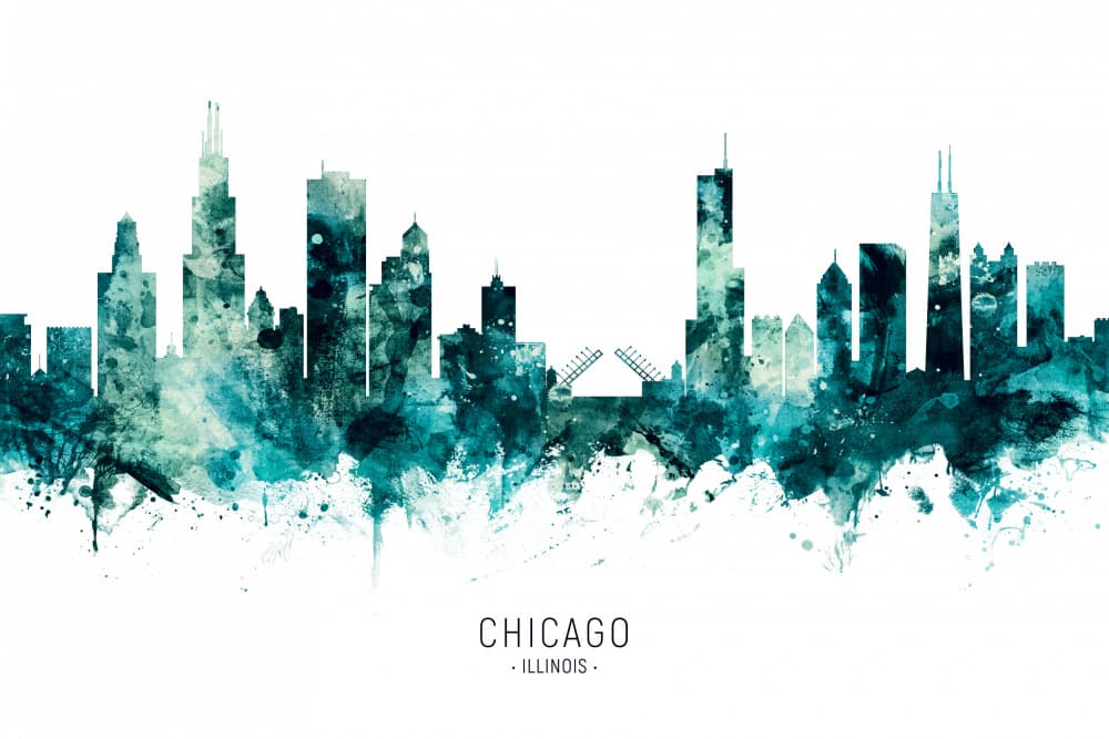 Teal Chicago Skyline by Michael Tompsett — canvas wall art