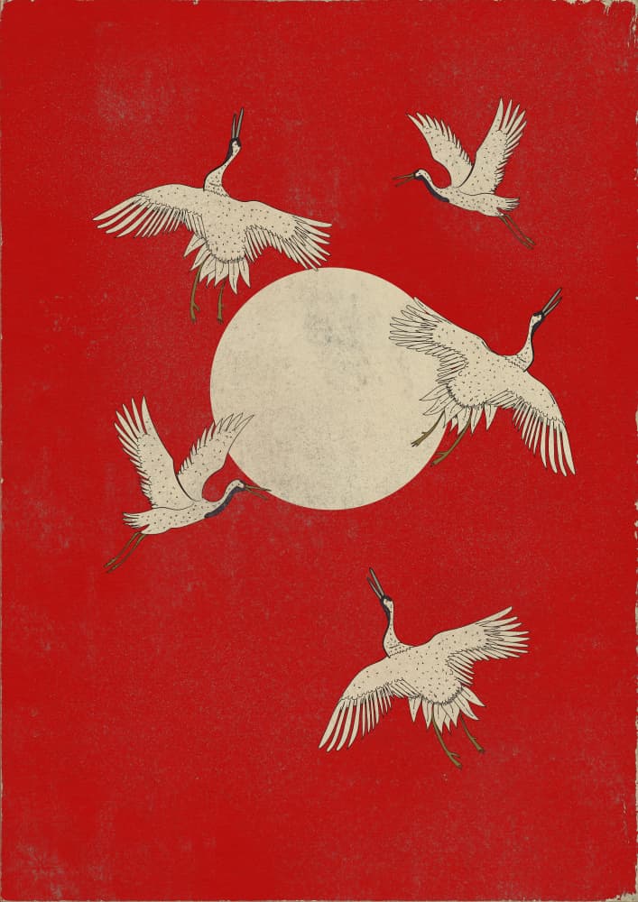 Japanese Cranes Red Moon by Nicholas — canvas wall art