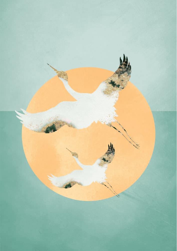 Flying Cranes at Sunrise by Aureous — canvas wall art