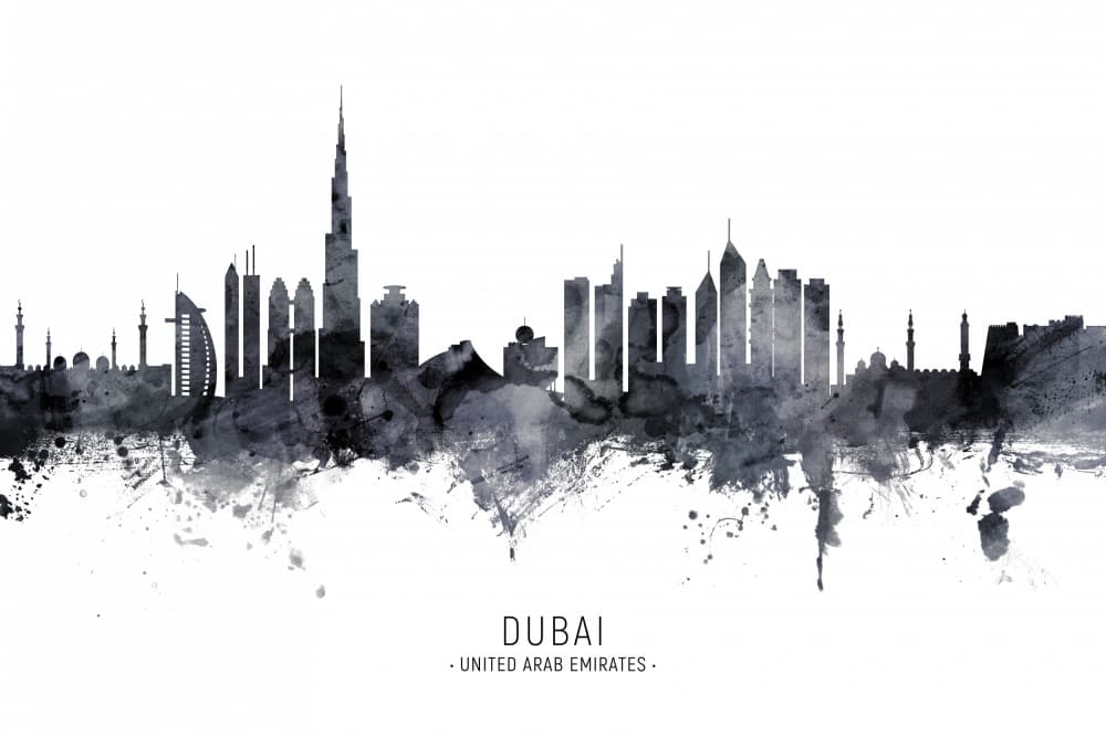 Dubai Watercolor Skyline by Michael Tompsett — canvas wall art