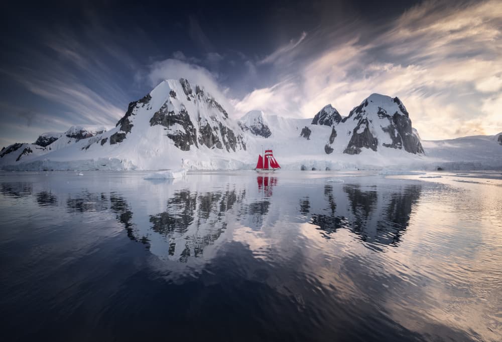 Red Ship Arctic Reflection by Karol Nienartowicz — canvas wall art