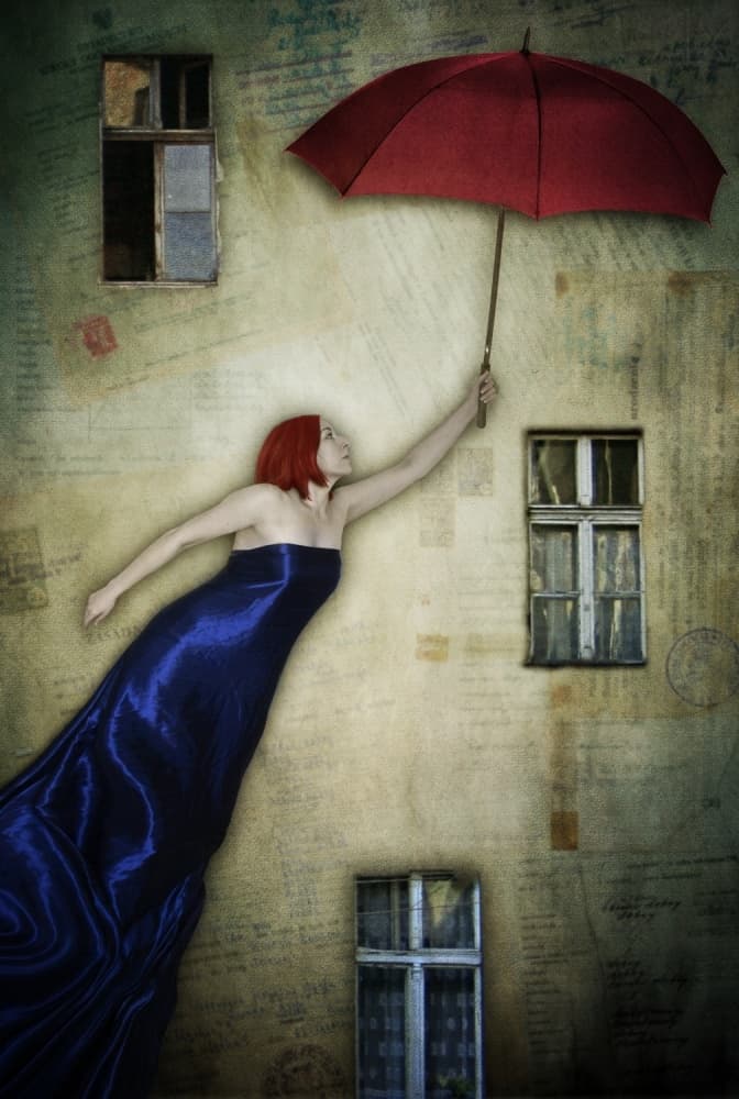 Floating Woman Red Umbrella by Lucyna Łazarska  ( Lucynda Lu ) — canvas wall art