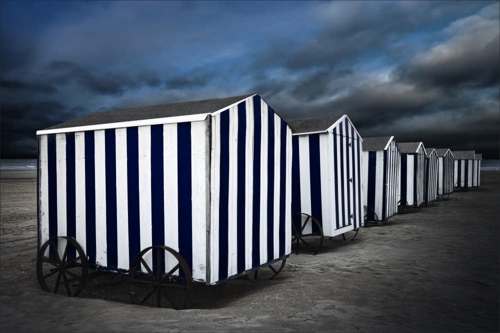 Moody Striped Beach Huts by Gilbert Claes — canvas wall art