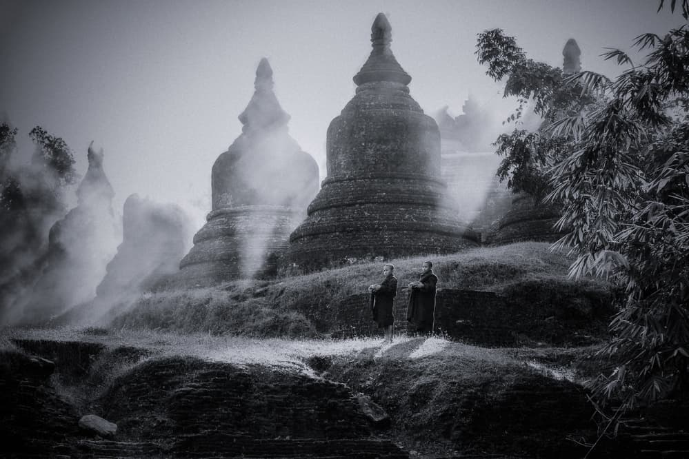 Monks at Misty Temples by ADIREK M — canvas wall art