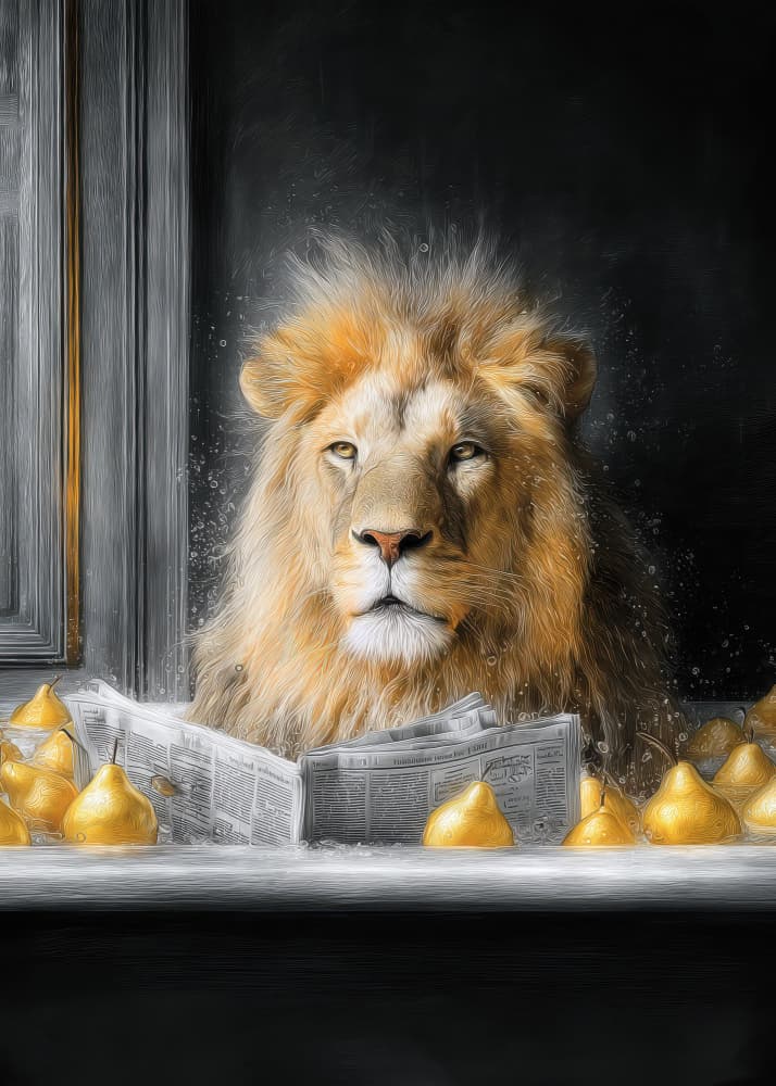 Lion's Morning Read by Justyna Jaszke — canvas wall art