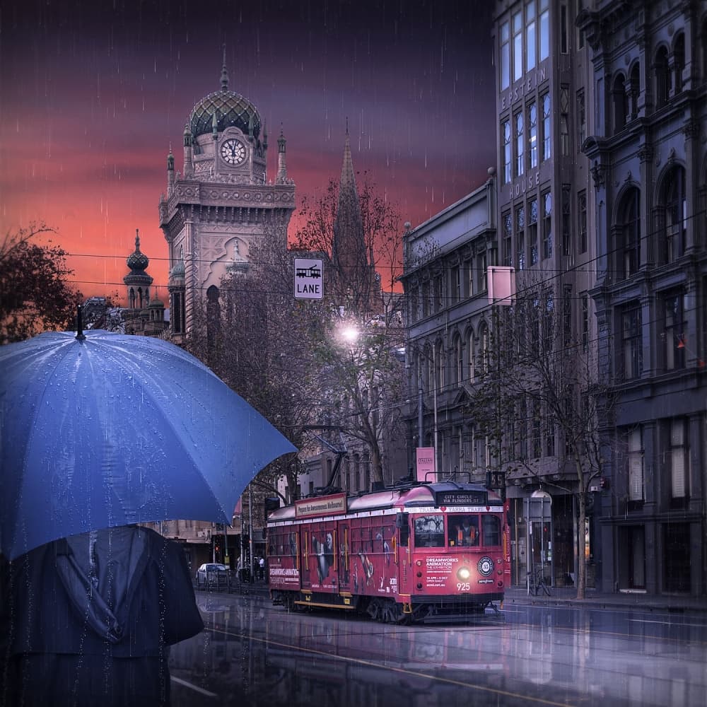 Rainy City Tram by Adrian Donoghue — canvas wall art