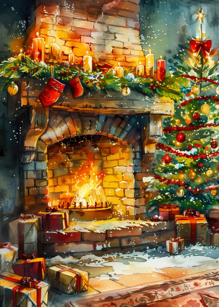 Cozy Christmas Fireplace by Justyna Jaszke — canvas wall art