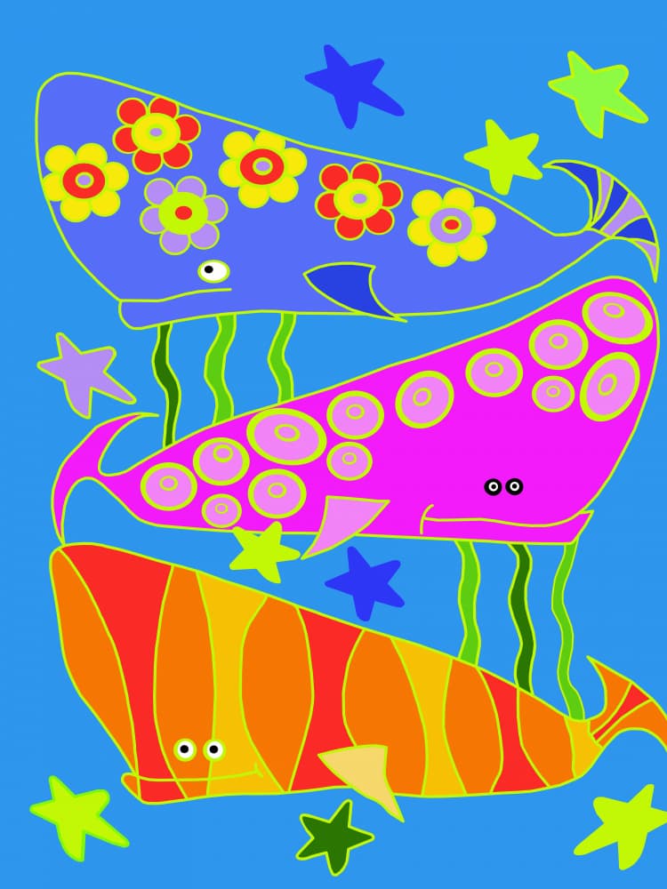 Three Colorful Whales by Lynnda Rakos — canvas wall art