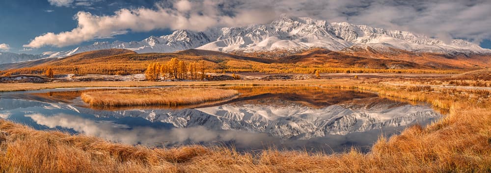 Golden Peaks Reflecting Calm by Valeriy Shcherbina — canvas wall art