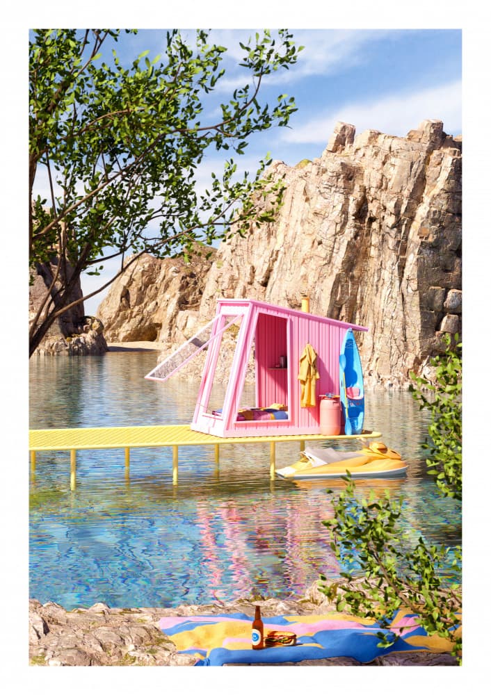 Pink Lakeside Cabin by Brad Healy — canvas wall art